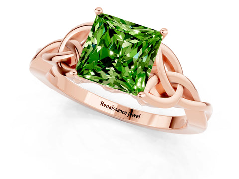 Rose gold Princess Cut Peridot Solitaire Engagement Ring with Celtic Knot Band and Four-Prong Setting_1