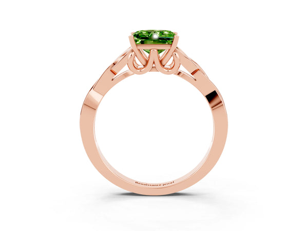 Rose gold Princess Cut Peridot Solitaire Engagement Ring with Celtic Knot Band and Four-Prong Setting