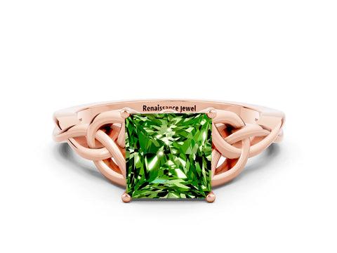 Rose gold Princess Cut Peridot Solitaire Engagement Ring with Celtic Knot Band and Four-Prong Setting