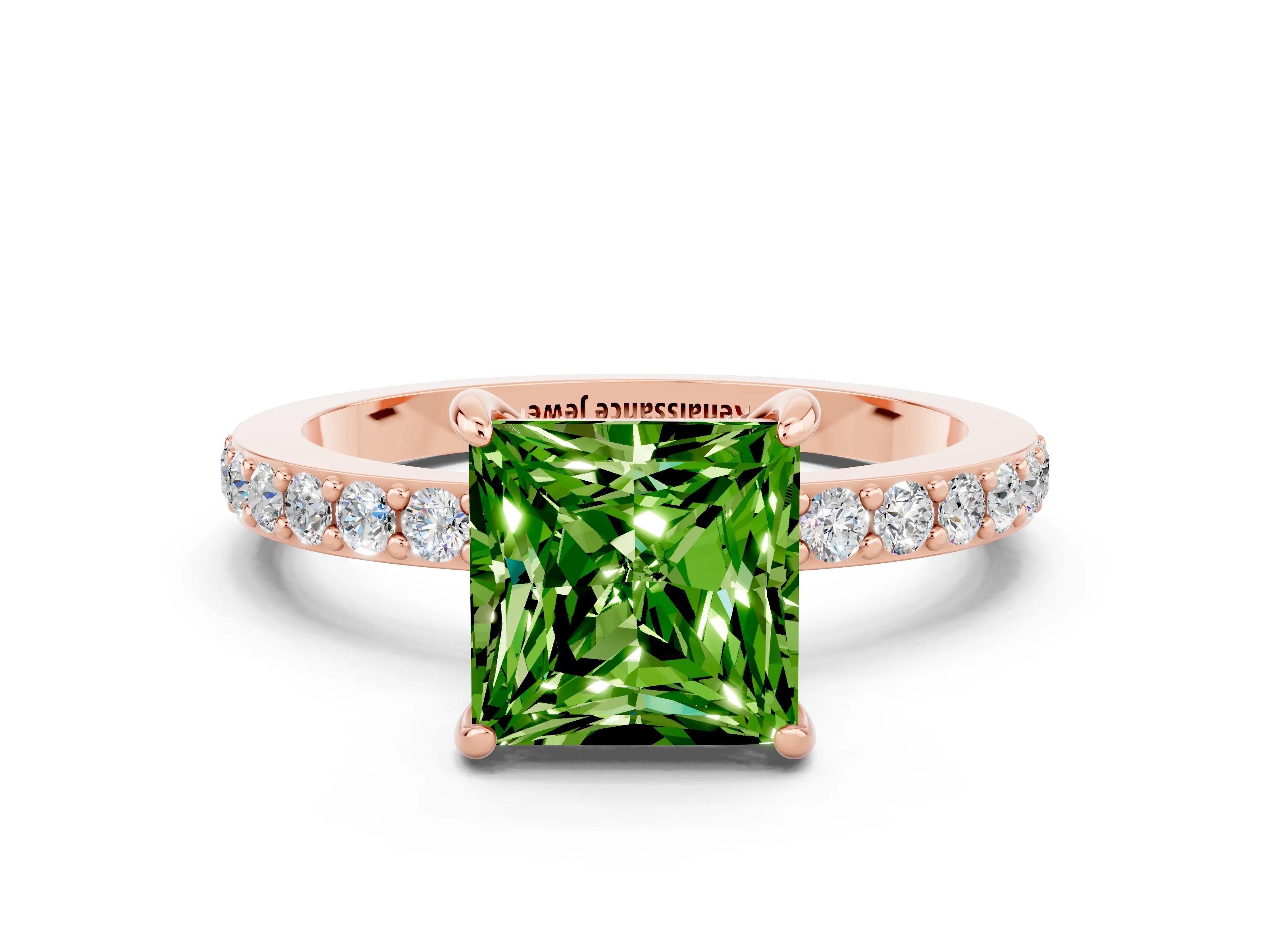 Rose gold Princess Cut Peridot Solitaire Engagement Ring with Pavé Band and Four-Prong Setting