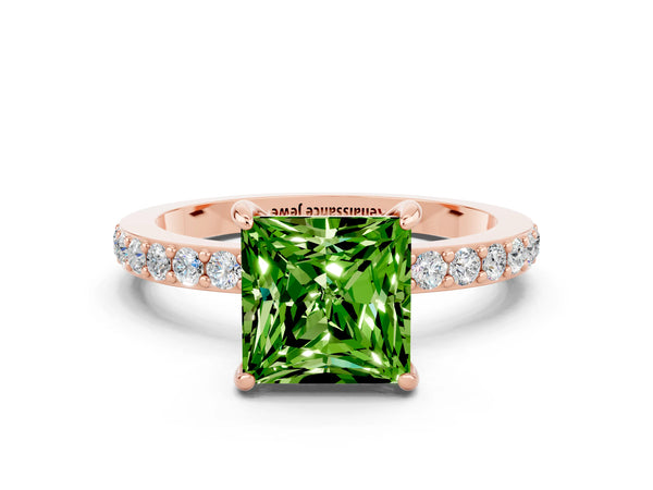 Rose gold Princess Cut Peridot Solitaire Engagement Ring with Pavé Band and Four-Prong Setting