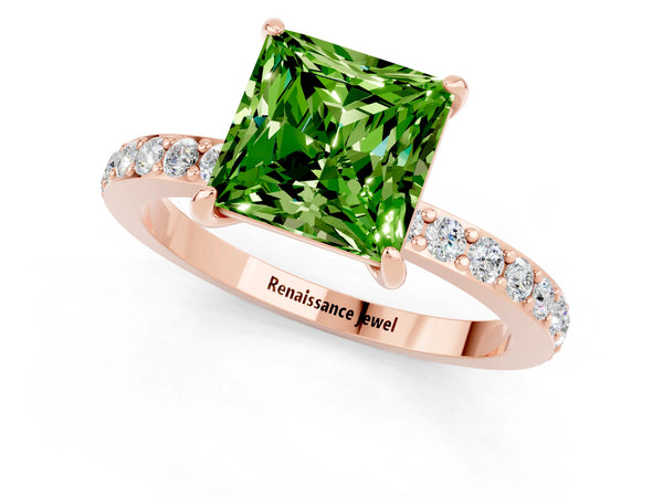 Rose gold Princess Cut Peridot Solitaire Engagement Ring with Pavé Band and Four-Prong Setting