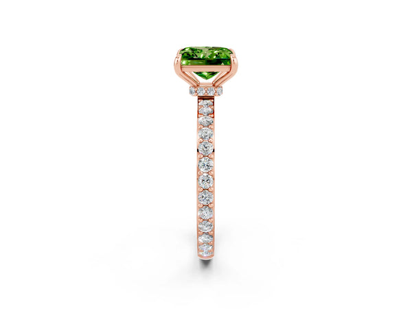 Rose gold Princess Cut Peridot Solitaire Engagement Ring with Pavé Band and Four-Prong Setting