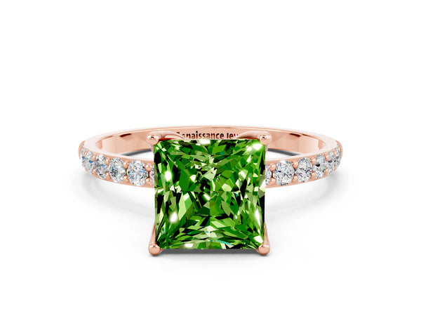 Rose gold Princess Cut Peridot Solitaire Engagement Ring with Round  Pavé Band and Prong Setting