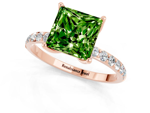 Rose gold Princess Cut Peridot Solitaire Engagement Ring with Round  Pavé Band and Prong Setting