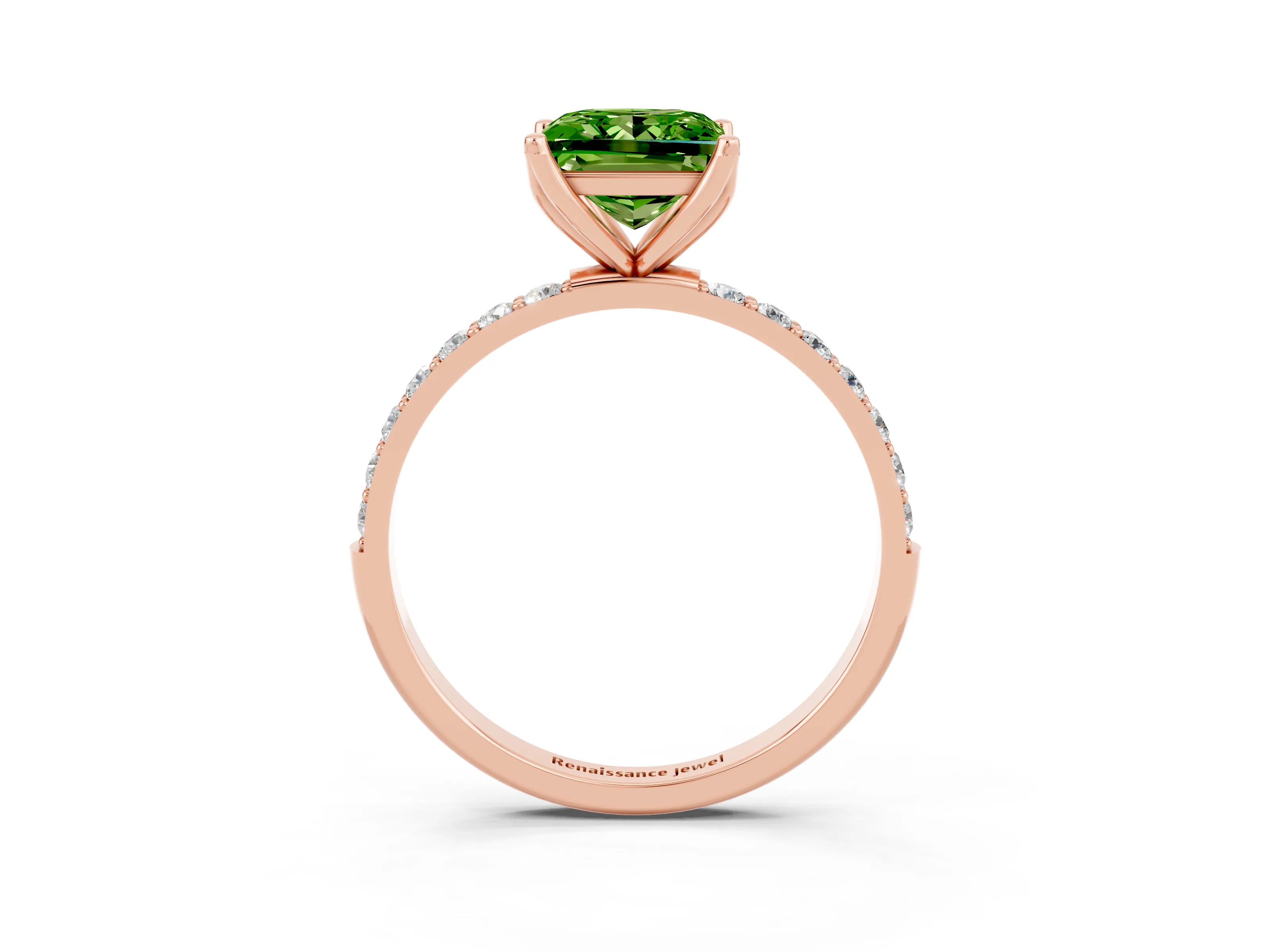 Rose gold Princess Cut Peridot Solitaire Engagement Ring with Pavé Band and Prong Setting_3