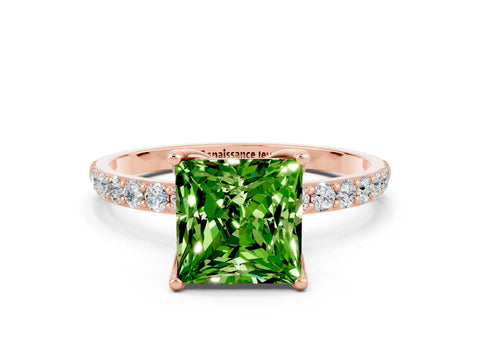 Rose gold Princess Cut Peridot Solitaire Engagement Ring with Pavé Band and Prong Setting
