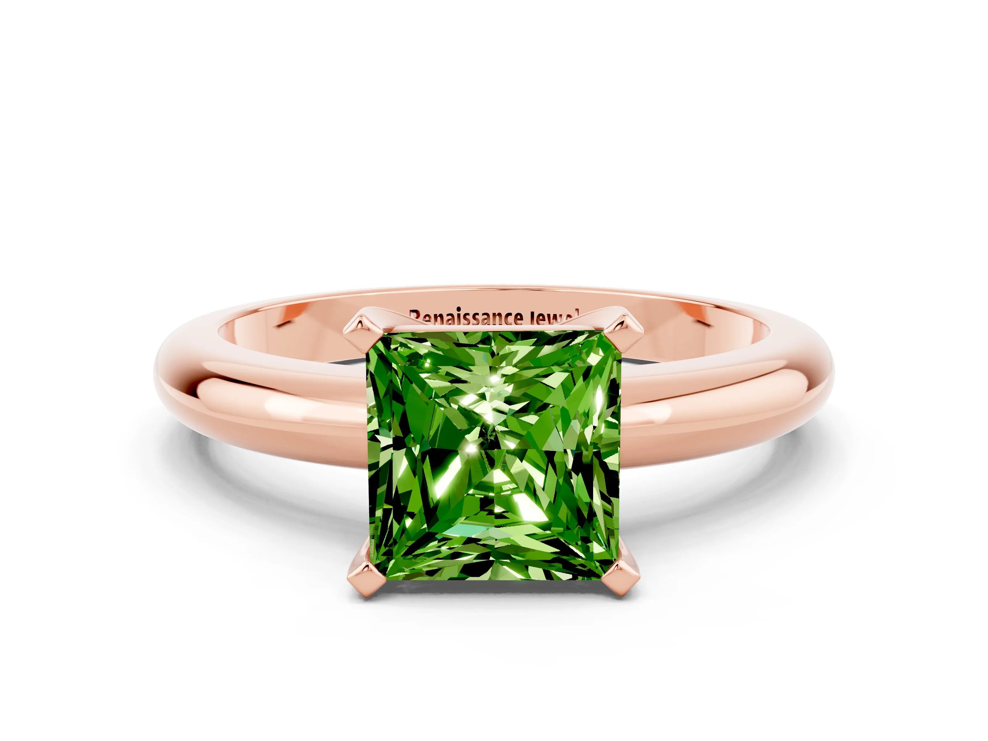 Rose gold Princess Cut Peridot Solitaire Engagement Ring with Round Band and Four-Prong Setting