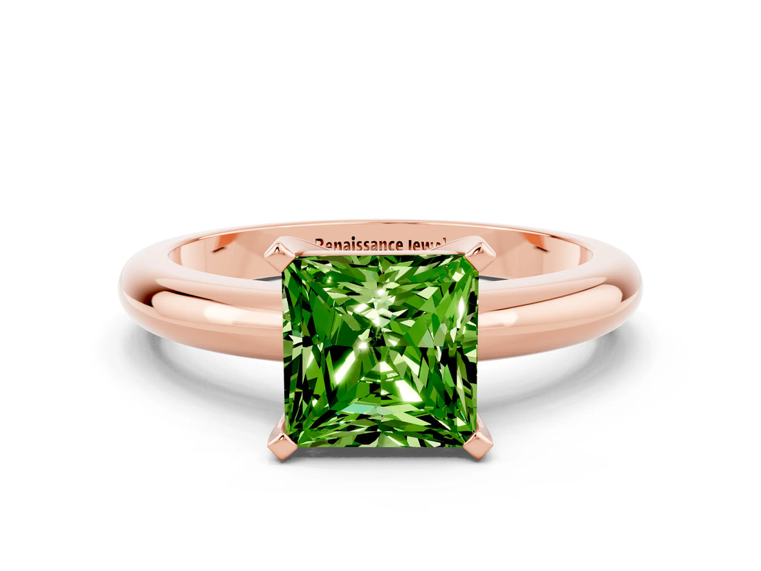 Rose gold Princess Cut Peridot Solitaire Engagement Ring with Round Band and Four-Prong Setting