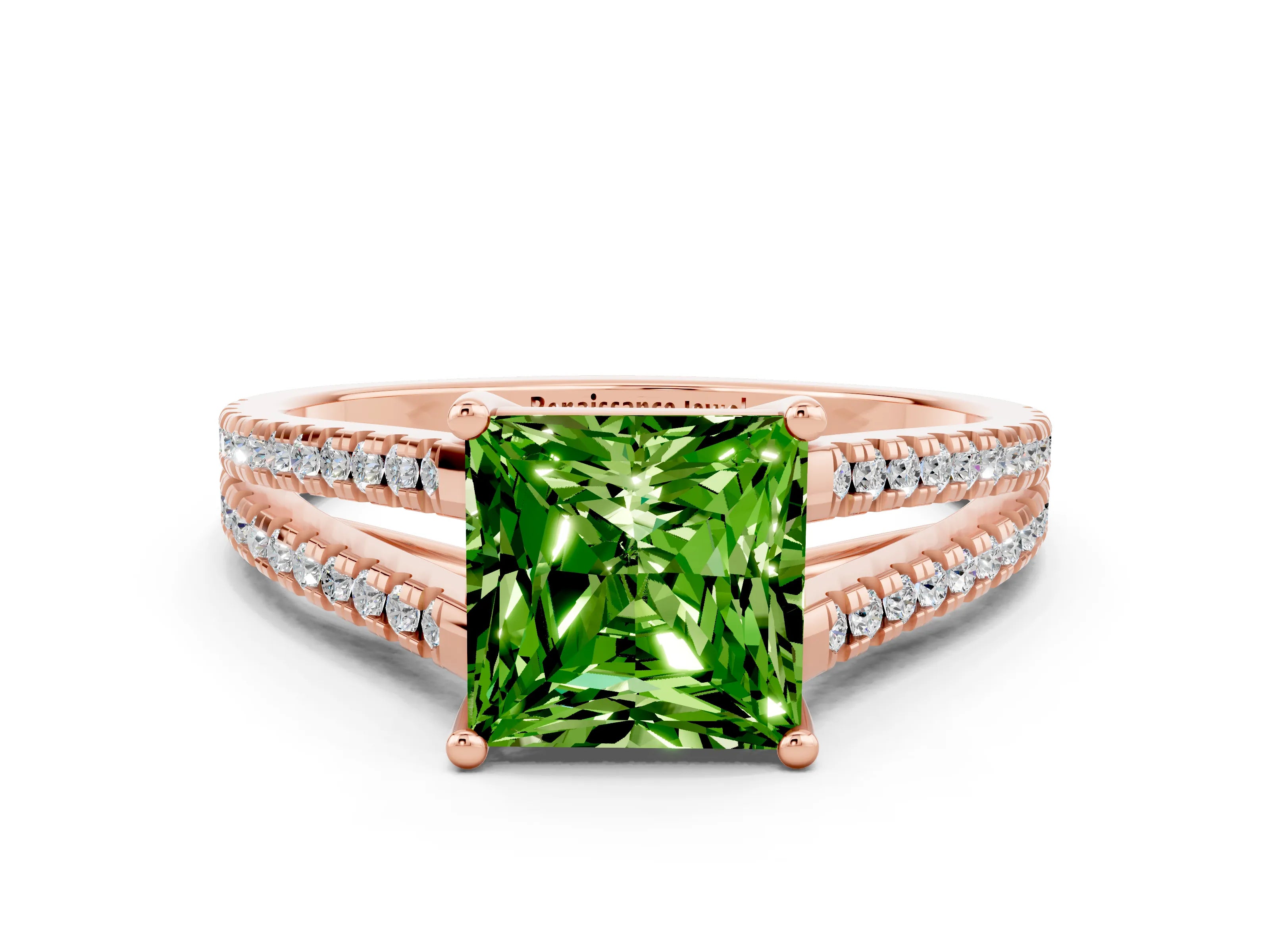 Rose gold Princess Cut Peridot Solitaire Engagement Ring with Split Shank Pavé Band