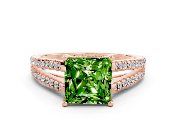 Rose gold Princess Cut Peridot Solitaire Engagement Ring with Split Shank Pavé Band