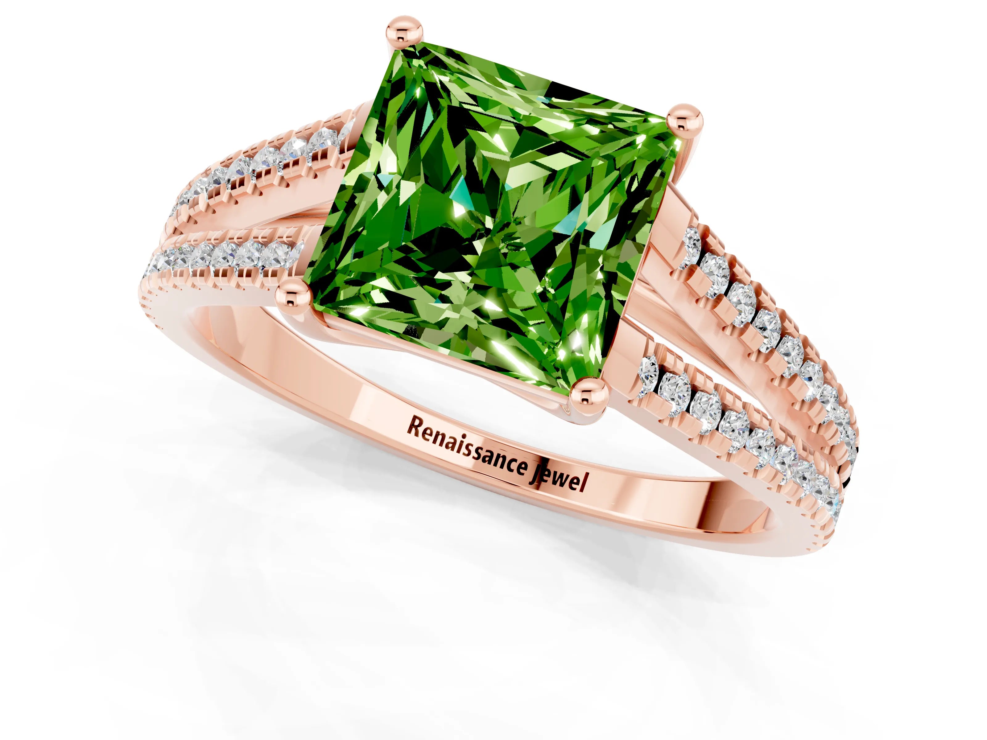 Rose gold Princess Cut Peridot Solitaire Engagement Ring with Split Shank Pavé Band_1