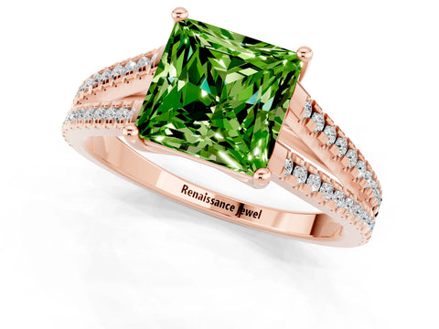 Rose gold Princess Cut Peridot Solitaire Engagement Ring with Split Shank Pavé Band_1