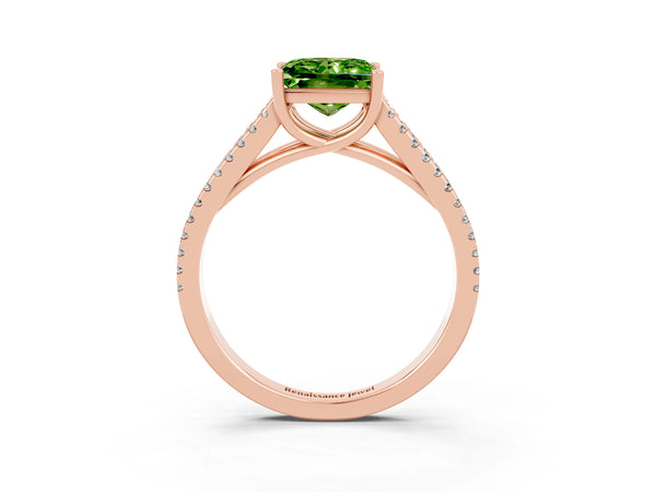 Rose gold Princess Cut Peridot Solitaire Engagement Ring with Split Shank Pavé Band