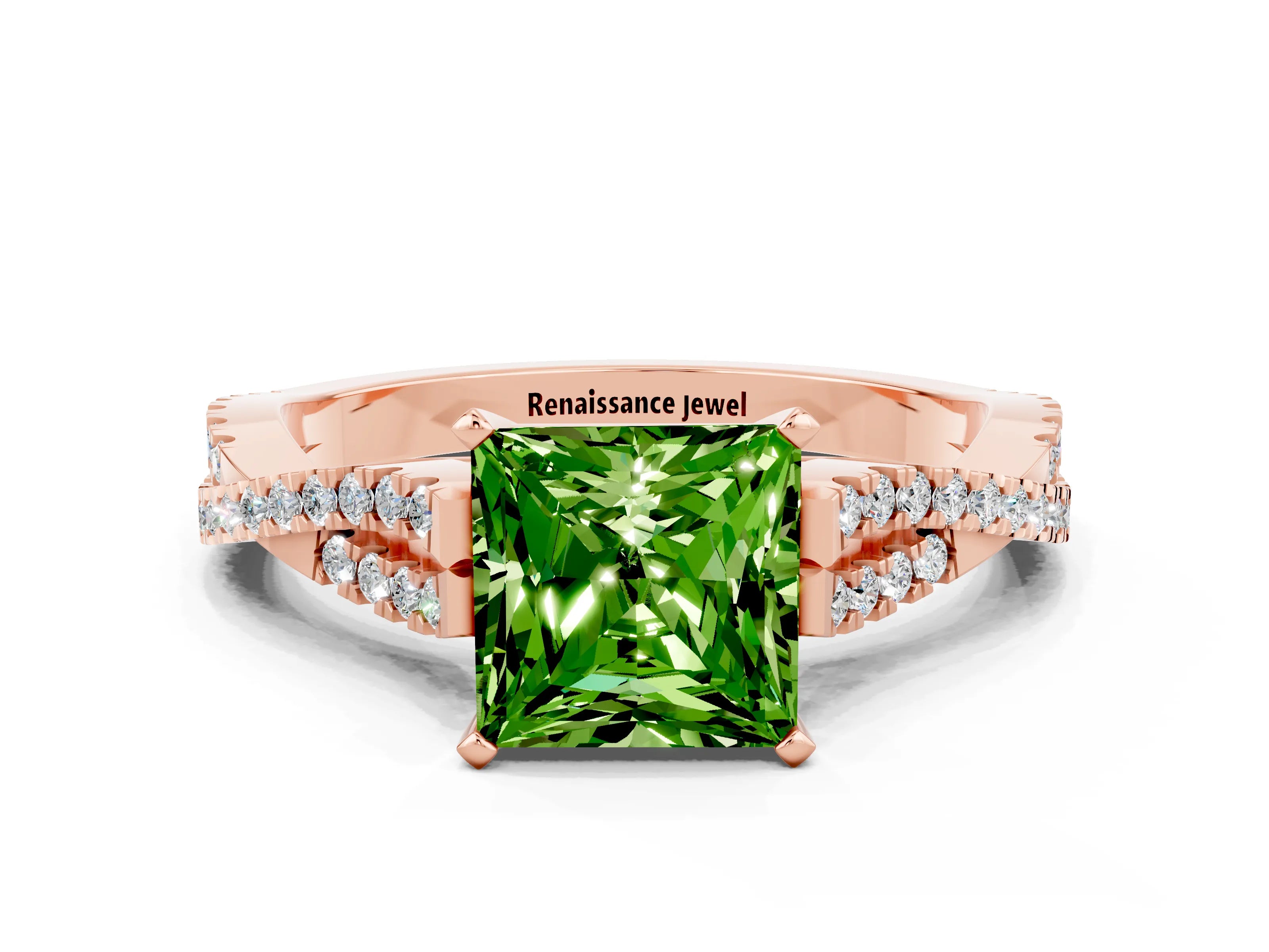 Rose gold Princess Cut Peridot Solitaire Engagement Ring with Twisted Pavé Band and Four-Prong Setting_12