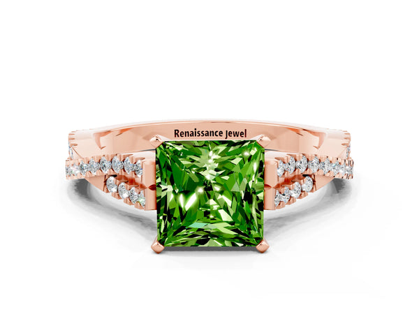 Rose gold Princess Cut Peridot Solitaire Engagement Ring with Twisted Pavé Band and Four-Prong Setting