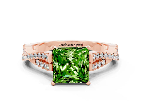 Rose gold Princess Cut Peridot Solitaire Engagement Ring with Twisted Pavé Band and Four-Prong Setting_12