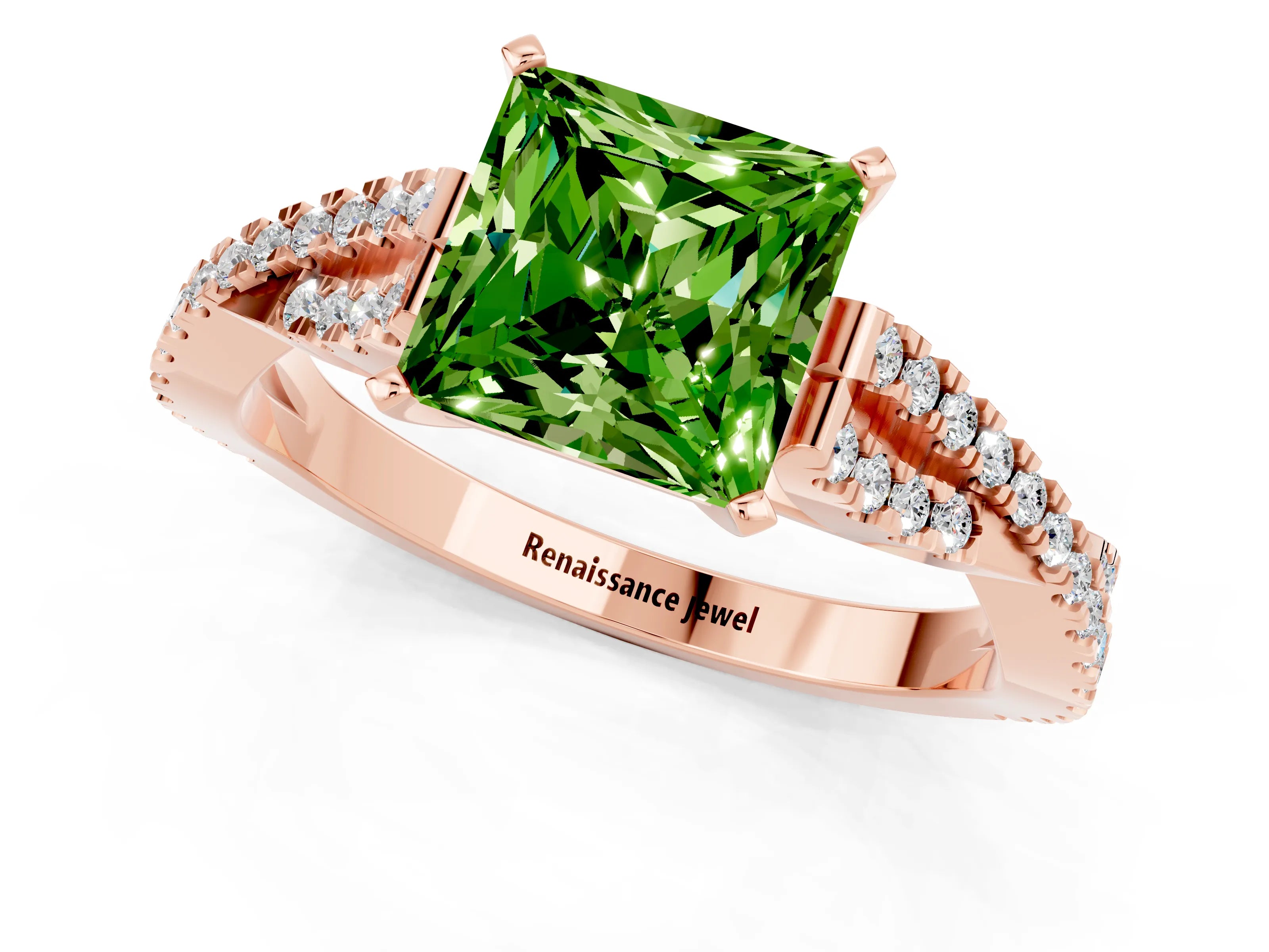 Rose gold Princess Cut Peridot Solitaire Engagement Ring with Twisted Pavé Band and Four-Prong Setting_13
