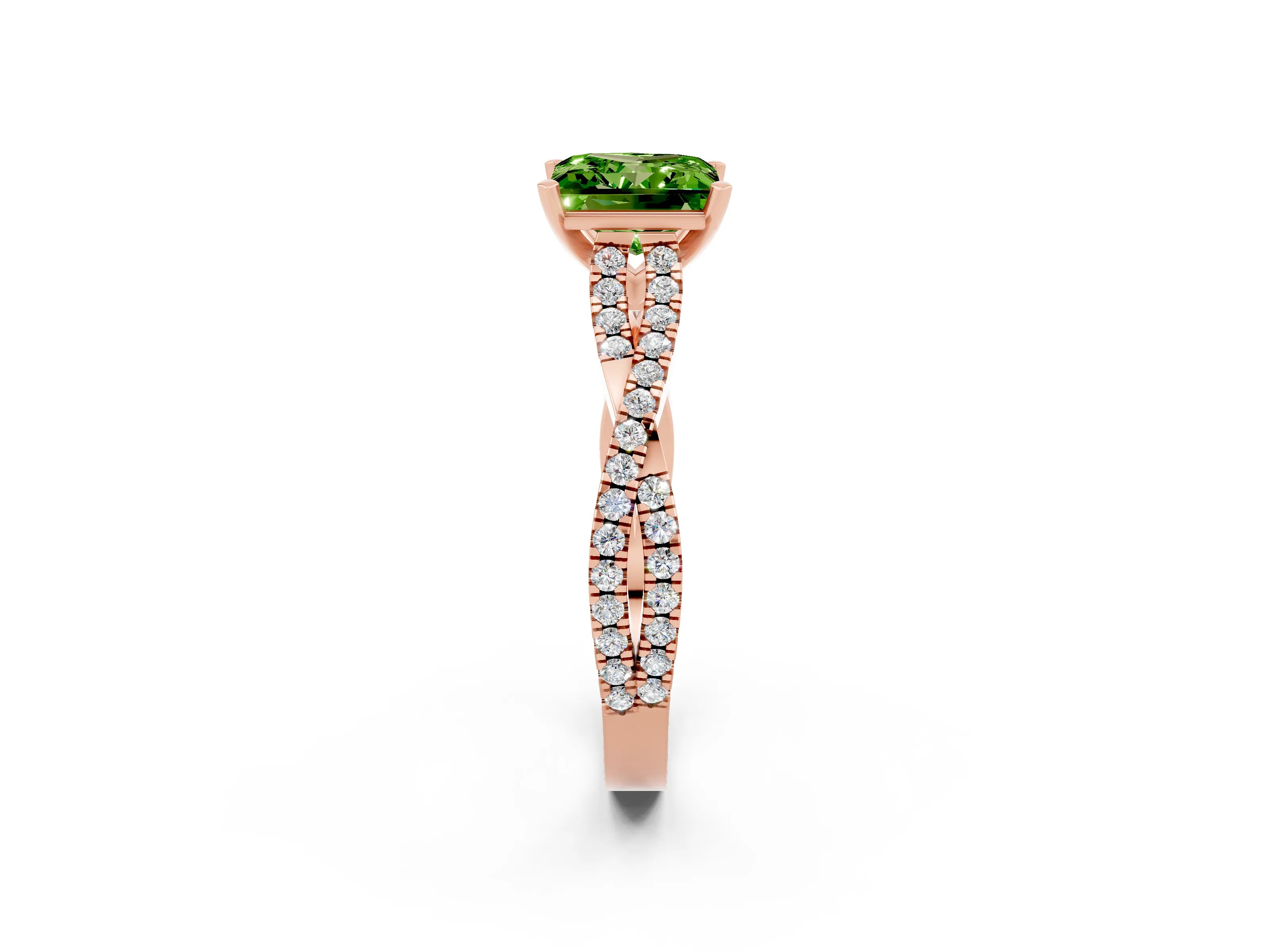 Rose gold Princess Cut Peridot Solitaire Engagement Ring with Twisted Pavé Band and Four-Prong Setting_14