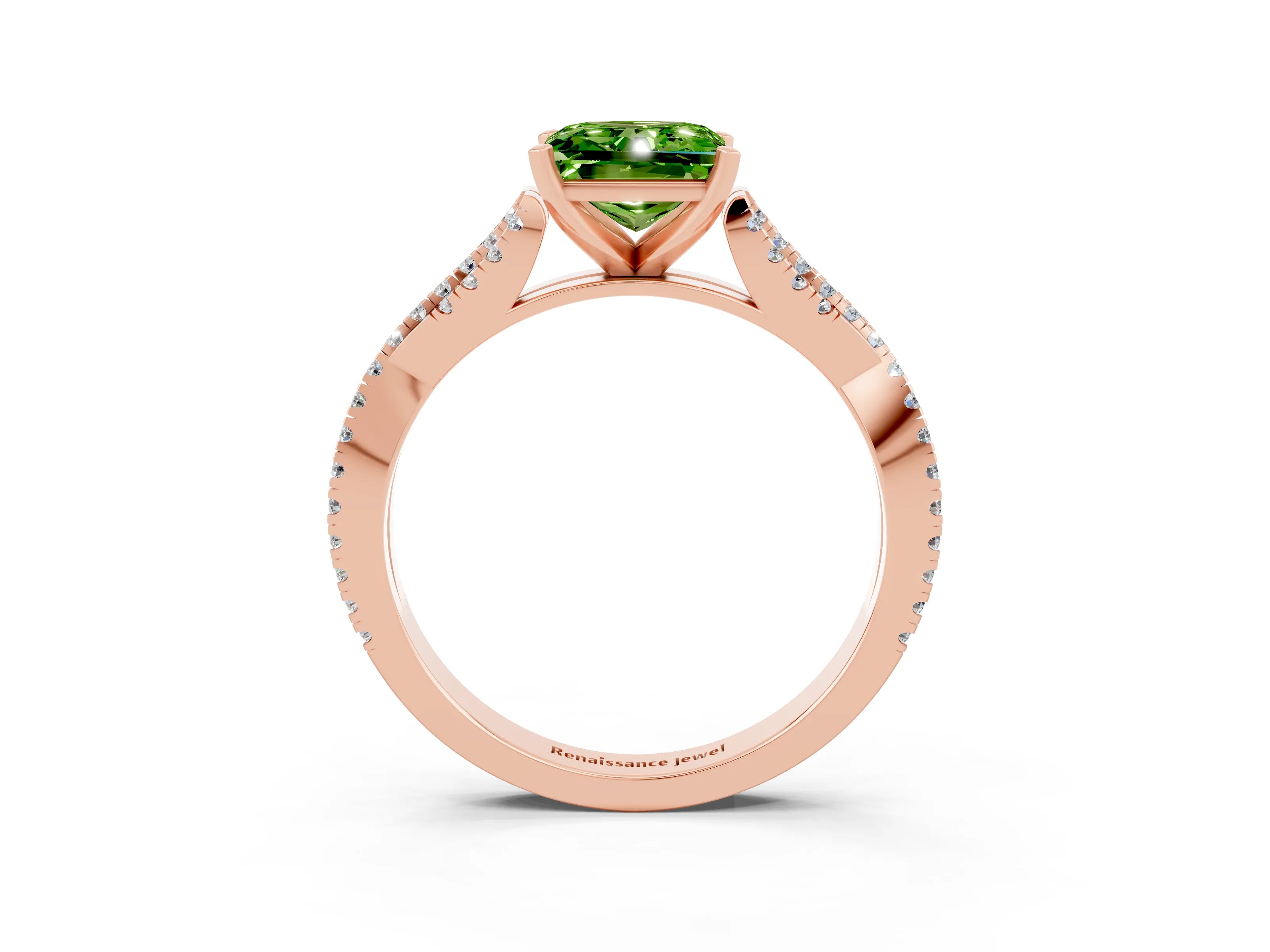 Rose gold Princess Cut Peridot Solitaire Engagement Ring with Twisted Pavé Band and Four-Prong Setting_15