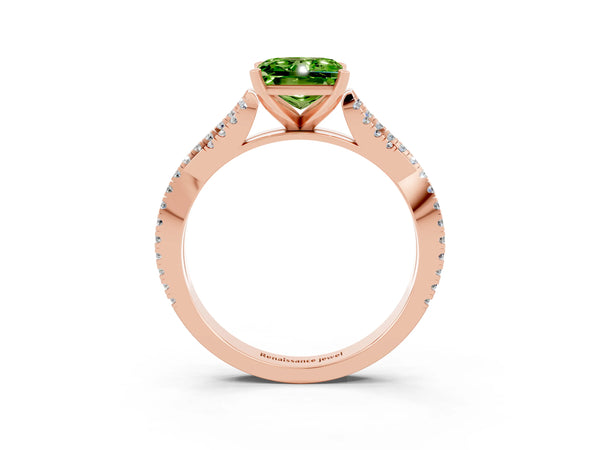 Rose gold Princess Cut Peridot Solitaire Engagement Ring with Twisted Pavé Band and Four-Prong Setting
