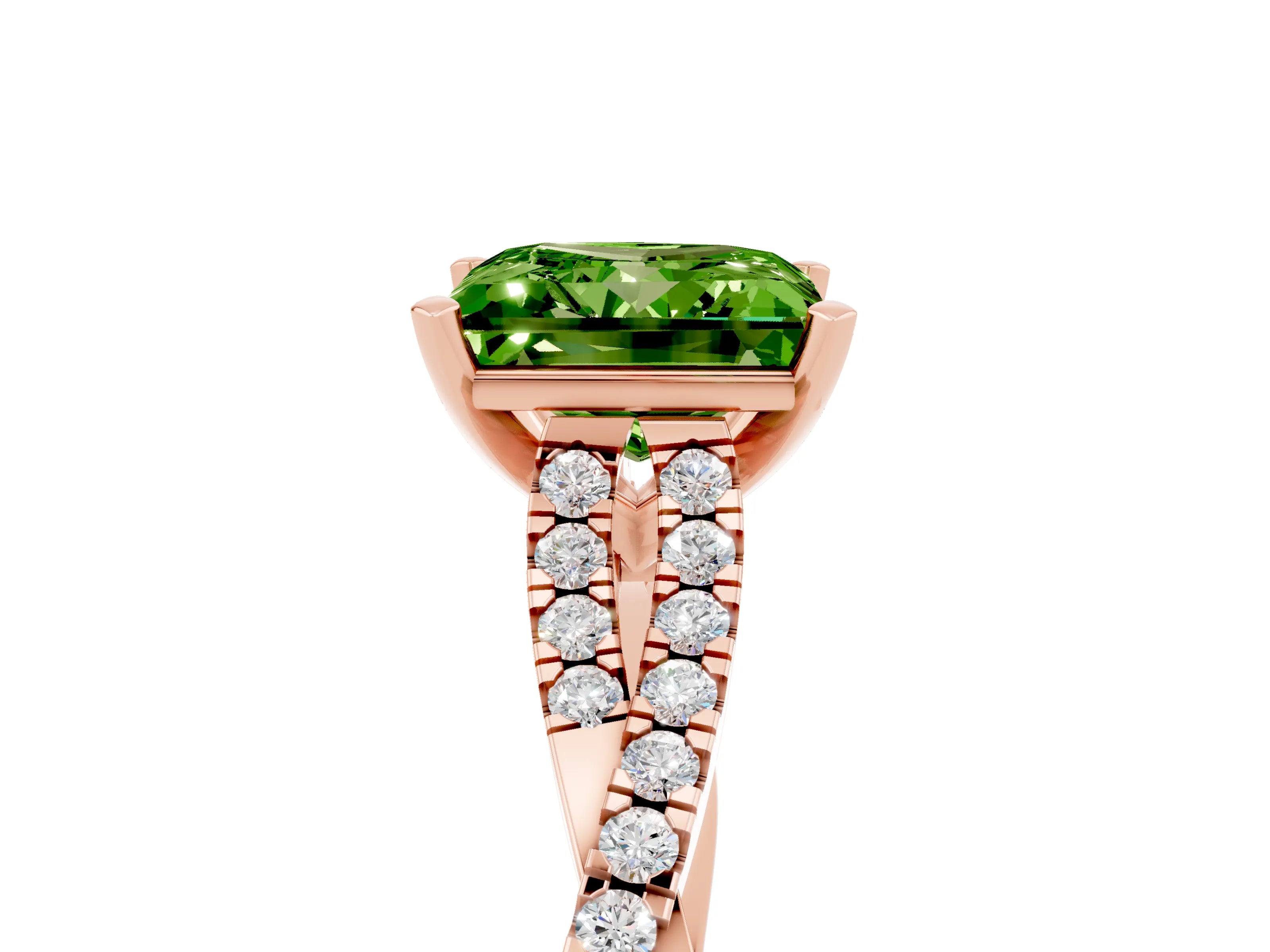 Rose gold Princess Cut Peridot Solitaire Engagement Ring with Twisted Pavé Band and Four-Prong Setting_17