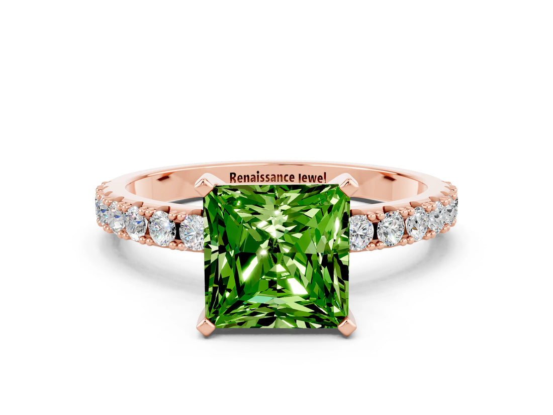 Rose gold Princess Cut Peridot Solitaire Pavé Band with Four-Prong Setting