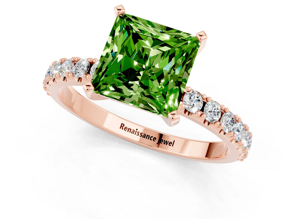 Rose gold Princess Cut Peridot Solitaire Pavé Band with Four-Prong Setting
