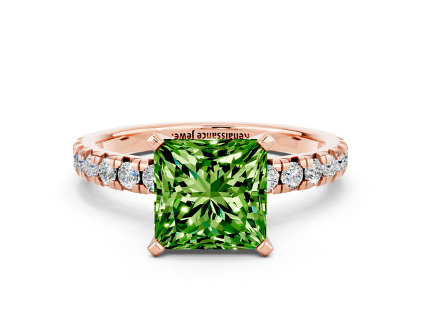 Rose gold Princess Cut Peridot Solitaire Pavé Engagement Ring with Round Band and Prong Setting