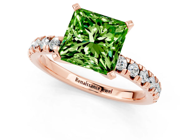 Rose gold Princess Cut Peridot Solitaire Pavé Engagement Ring with Round Band and Prong Setting