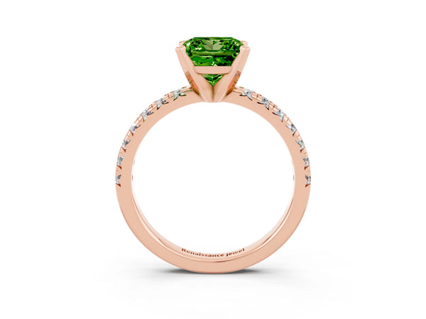 Rose gold Princess Cut Peridot Solitaire Pavé Engagement Ring with Round Band and Prong Setting