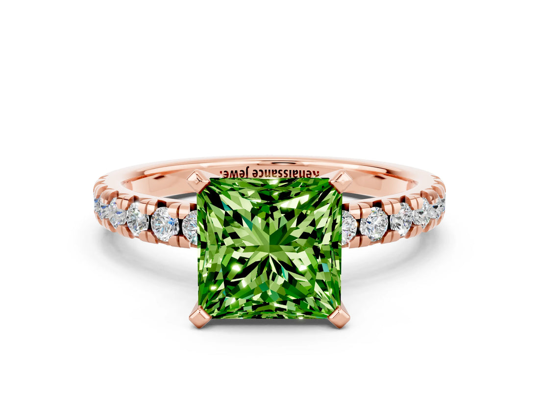 Rose gold Princess Cut Peridot Solitaire Pavé Engagement Ring with Round Band and Prong Setting_73