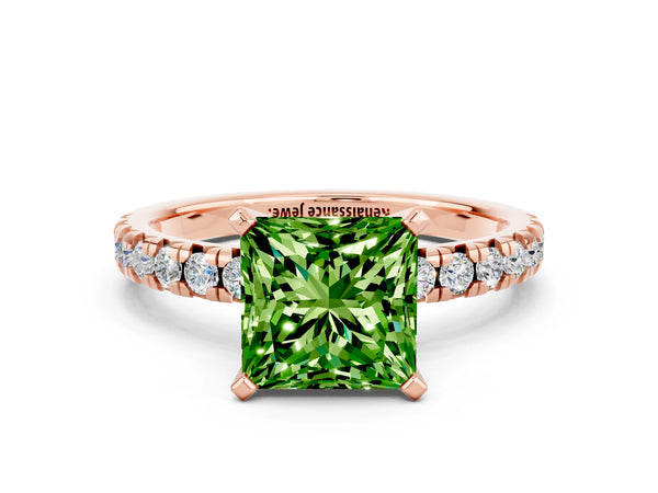 Rose gold Princess Cut Peridot Solitaire Pavé Engagement Ring with Round Band and Prong Setting
