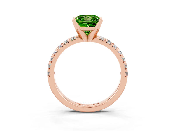 Rose gold Princess Cut Peridot Solitaire Pavé Engagement Ring with Round Band and Prong Setting