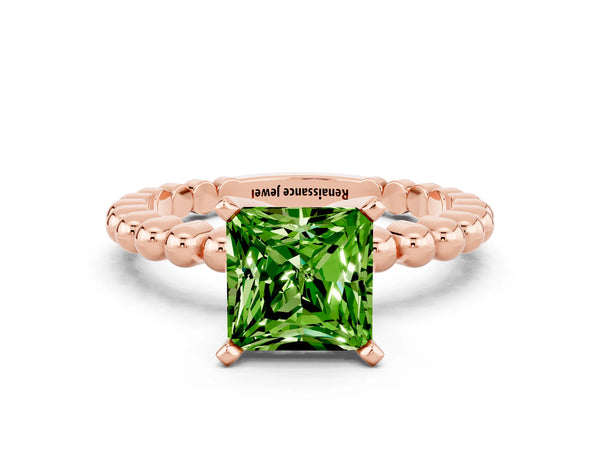 Rose gold Princess Cut Peridot Solitaire Ring with Beaded Band and Prong Setting