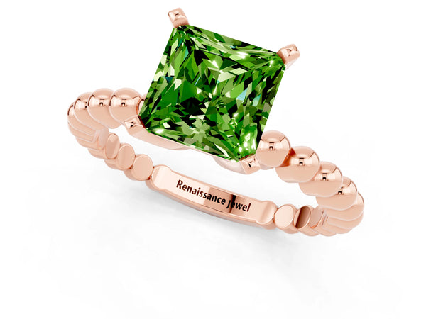 Rose gold Princess Cut Peridot Solitaire Ring with Beaded Band and Prong Setting
