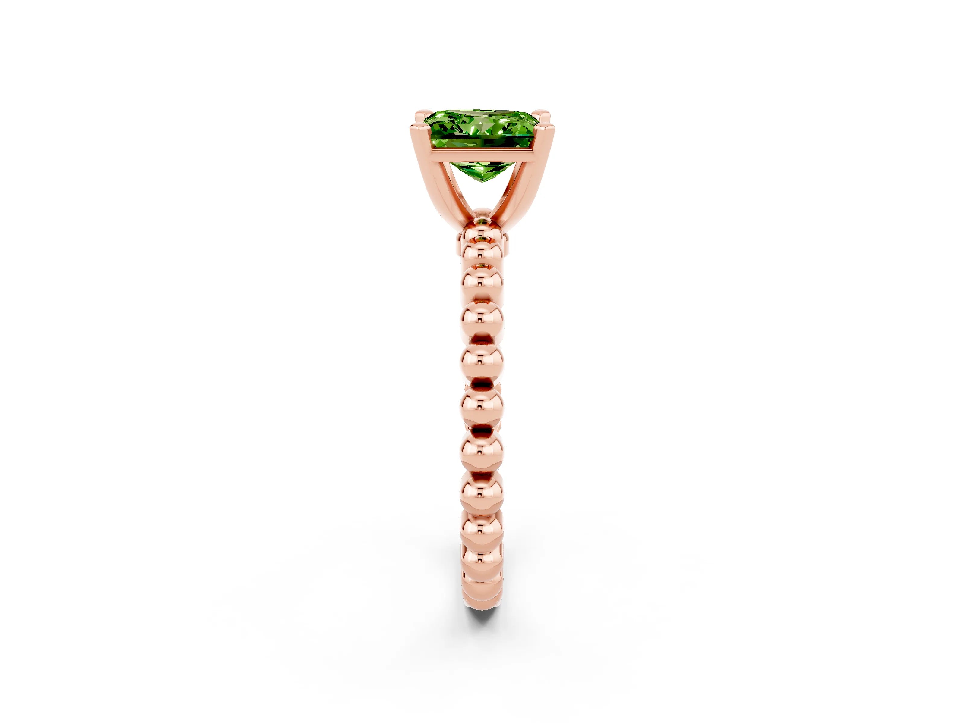 Rose gold Princess Cut Peridot Solitaire Ring with Beaded Band and Prong Setting_2
