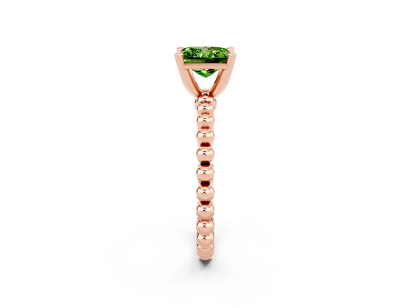 Rose gold Princess Cut Peridot Solitaire Ring with Beaded Band and Prong Setting