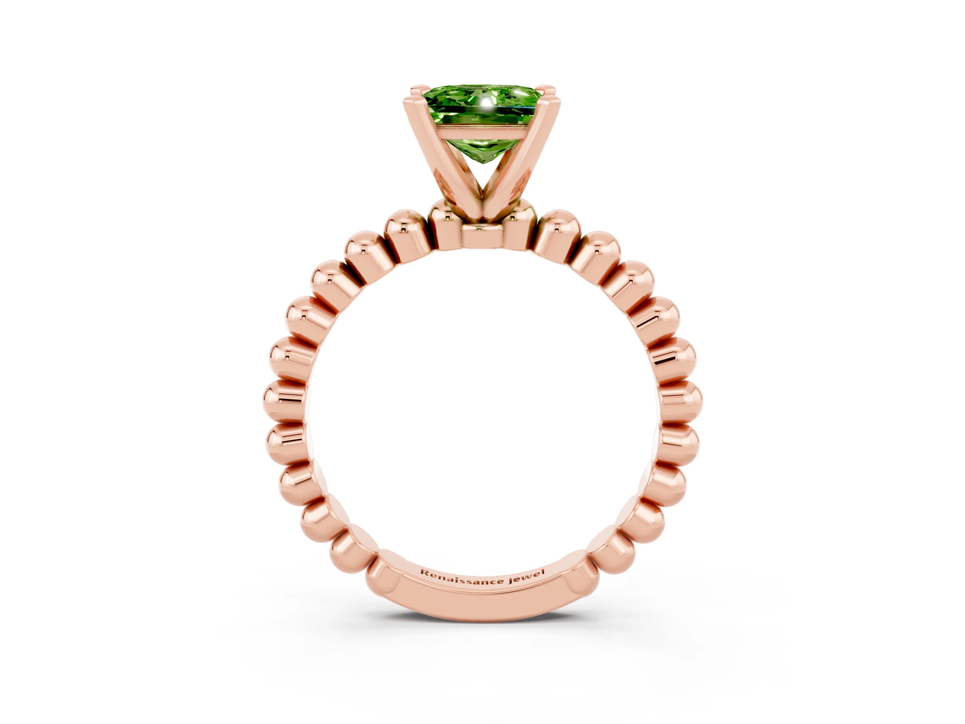 Rose gold Princess Cut Peridot Solitaire Ring with Beaded Band and Prong Setting_3