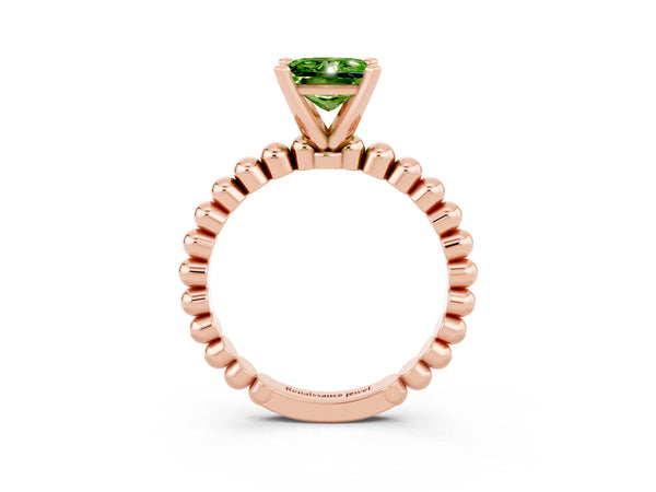 Rose gold Princess Cut Peridot Solitaire Ring with Beaded Band and Prong Setting
