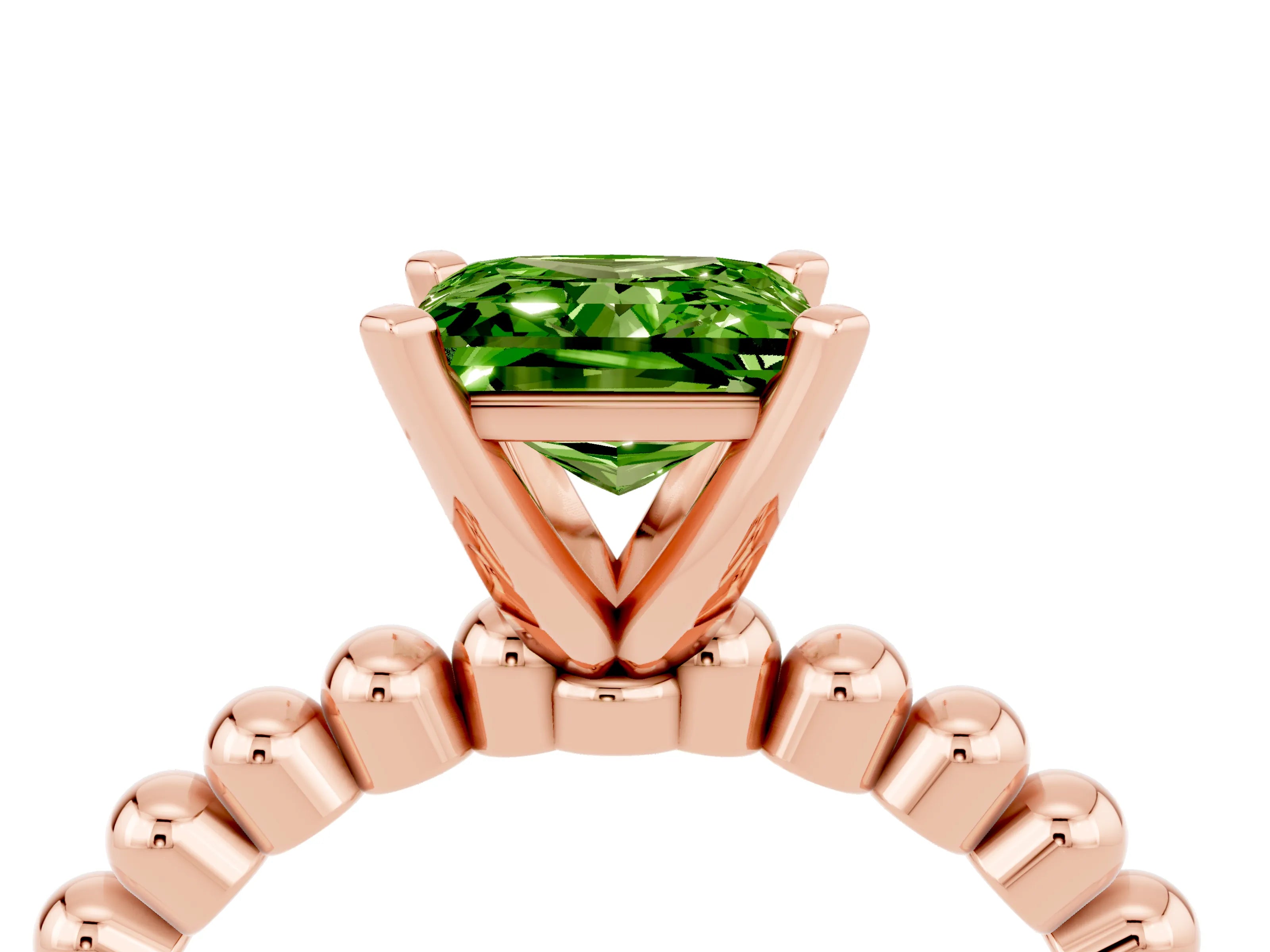 Rose gold Princess Cut Peridot Solitaire Ring with Beaded Band and Prong Setting_4