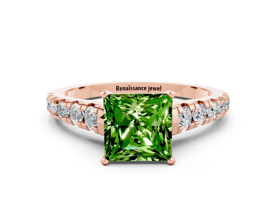 Rose gold Princess Cut Peridot Solitaire Ring with Cathedral Setting and Pavé Band