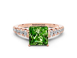 Rose gold Princess Cut Peridot Solitaire Ring with Cathedral Setting and Pavé Band
