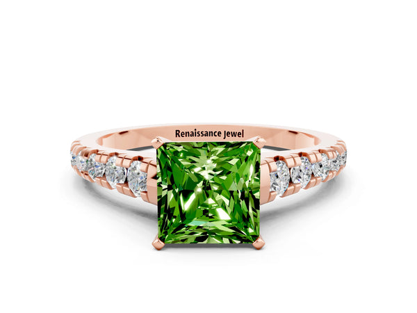 Rose gold Princess Cut Peridot Cathedral Solitaire Ring with Round  Pavé Band