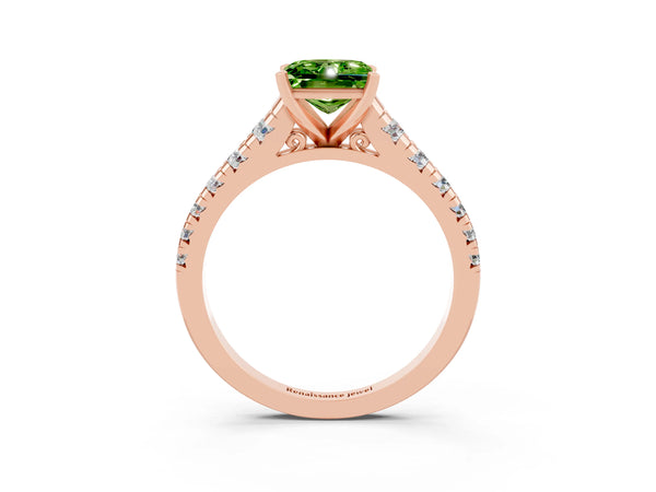 Rose gold Princess Cut Peridot Cathedral Solitaire Ring with Round  Pavé Band