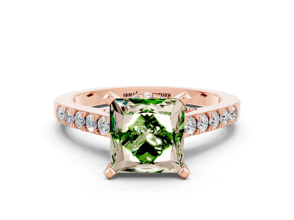 Rose gold Princess Cut Peridot Solitaire Ring with Crossover Gallery and Round  Pavé Band