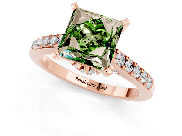 Rose gold Princess Cut Peridot Solitaire Ring with Crossover Gallery and Round  Pavé Band