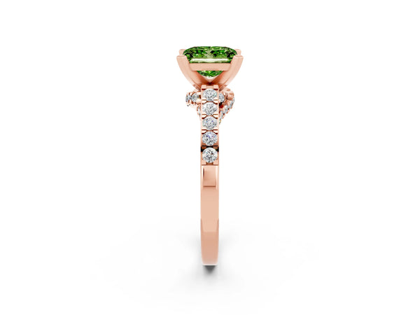 Rose gold Princess Cut Peridot Solitaire Ring with Crossover Gallery and Round  Pavé Band