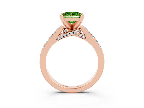 Rose gold Princess Cut Peridot Solitaire Ring with Crossover Gallery and Round  Pavé Band