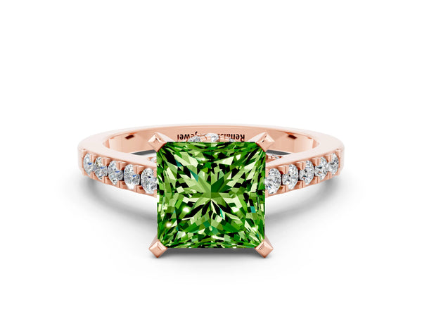 Rose gold Princess Cut Peridot Solitaire Ring with Crossover Gallery and Round  Pavé Band